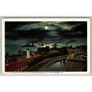 Postcard VA U. S. Battleship Fleet by Night Old Point Comfort Posted 1916 WWI